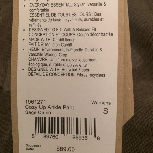 prAna Wm’s Cozy Up Ankle Cropped Sweat Pant Jogger Green Camo Sz Small NWT - Picture 9 of 13